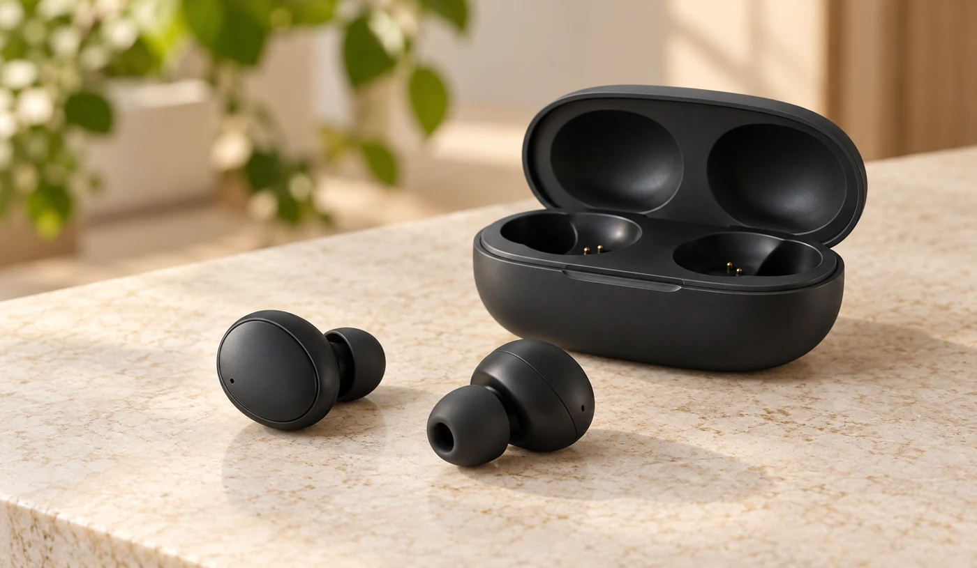 Illustrative black wireless earbuds with an open charging case on a stone surface