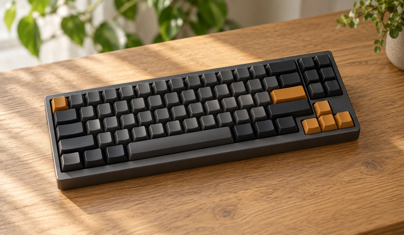 Illustrative graphite mechanical keyboard with muted amber keycaps on a wooden desk