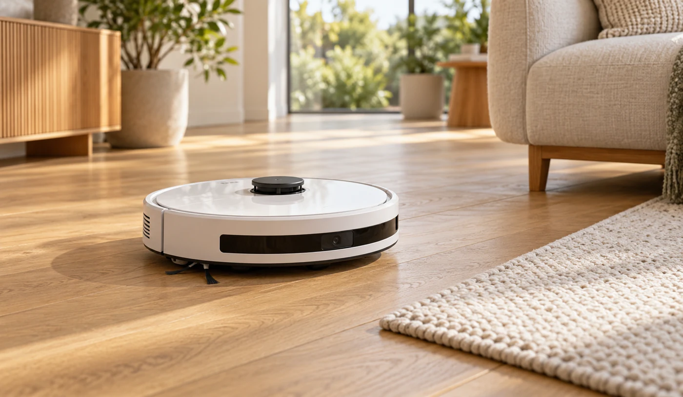 Illustrative white robot vacuum beside a rug on a light wooden floor